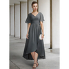 A-Line Mother of the Bride Dress Elegant V Neck Asymmetrical Chiffon Short Sleeve with Pleats Ruching 2020