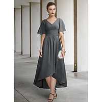 A-Line Mother of the Bride Dress Elegant V Neck Asymmetrical Chiffon Short Sleeve with Pleats Ruching 2020