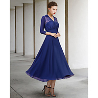 A-Line Mother of the Bride Dress Elegant V Neck Floor Length Chiffon Lace 3/4 Length Sleeve with Pleats 2021 miniinthebox