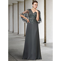 A-Line Mother of the Bride Dress Elegant V Neck Floor Length Chiffon Lace Half Sleeve with Sash / Ribbon Appliques 2020