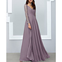 A-Line Mother of the Bride Dress Elegant V Neck Floor Length Chiffon Lace Long Sleeve with Lace Appliques 2020