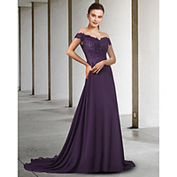 A-Line Mother of the Bride Dress Elegant V Neck Sweep / Brush Train Chiffon Lace Sleeveless with Appliques 2021 miniinthebox