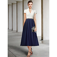 A-Line Mother of the Bride Dress Elegant V Neck Tea Length Stretch Fabric Short Sleeve with Sash / Ribbon Pleats Sequin 2020