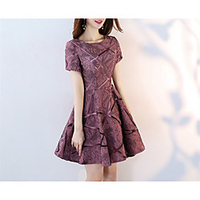 A-Line Mother of the Bride Dress Elegant Vintage Jewel Neck Short / Mini Jersey Short Sleeve with Pleats 2020