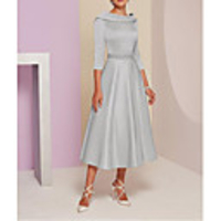 A-Line Mother of the Bride Dress Elegant Vintage Plus Size Bateau Neck Tea Length Satin 3/4 Length Sleeve with Beading 2020 Mother of the groom dresses
