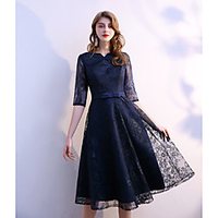 A-Line Mother of the Bride Dress Elegant Vintage V Neck Knee Length Lace Half Sleeve with Bow(s) Pleats 2020
