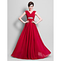 A-Line Mother of the Bride Dress Open Back V Neck Floor Length Chiffon Sleeveless with Beading Side Draping 2020