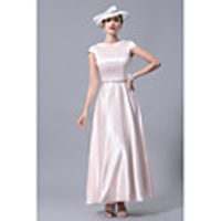 A-Line Mother of the Bride Dress Plus Size Cowl Neck Ankle Length Satin Short Sleeve with Crystals 2020 Mother of the groom dresses