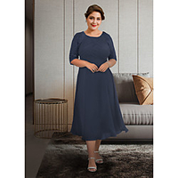 A-Line Mother of the Bride Dress Plus Size Elegant Jewel Neck Tea Length Chiffon Lace Half Sleeve with Pleats Appliques Ruching 2020