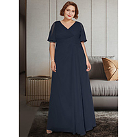 A-Line Mother of the Bride Dress Plus Size Elegant V Neck Ankle Length Chiffon Half Sleeve with Pleats Ruching 2020