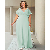 A-Line Mother of the Bride Dress Plus Size Elegant V Neck Floor Length Chiffon Short Sleeve with Sash / Ribbon Ruching 2020