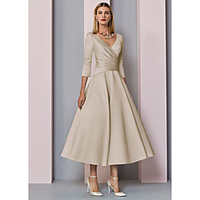 A-Line Mother of the Bride Dress Plus Size Elegant Vintage V Neck Tea Length Satin 3/4 Length Sleeve with Pleats 2021 miniinthebox