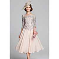 A-Line Mother of the Bride Dress Sexy Plus Size Jewel Neck Tea Length Chiffon Lace 3/4 Length Sleeve with Beading 2020 Mother of the groom dresses