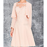 A-Line Mother of the Bride Dress Wrap Included Jewel Neck Knee Length Chiffon Lace Long Sleeve with Appliques Ruching 2020 Mother of the groom dresses