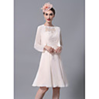 A-Line Mother of the Bride Dress Wrap Included Jewel Neck Knee Length Chiffon Lace Long Sleeve with Appliques Ruching 2020 Mother of the groom dresses