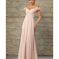 A-Line Off Shoulder Floor Length Chiffon Bridesmaid Dress with Pleats