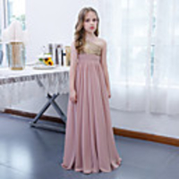 A-Line One Shoulder Floor Length Chiffon / Sequined Junior Bridesmaid Dress with Pleats