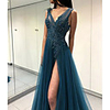 A-Line Open Back Prom Formal Evening Dress Plunging Neck Sleeveless Floor Length Tulle with Beading Appliques Split Front 2020