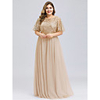A-Line Plus Size Gold Prom Formal Evening Dress Jewel Neck Short Sleeve Floor Length Chiffon Lace with Appliques 2020