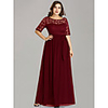A-Line Plus Size Red Wedding Guest Formal Evening Dress Illusion Neck Half Sleeve Floor Length Nylon Lace Polyester with Sash / Ribbon Lace Insert 2020