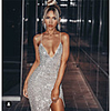 A-Line Sexy Sparkle Homecoming Party Wear Dress V Neck Sleeveless Tea Length Sequined with Sequin 2020