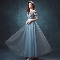 A-Line Sparkle Elegant Engagement Formal Evening Dress Jewel Neck Short Sleeve Ankle Length Lace with Sequin 2021 miniinthebox