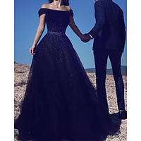 A-Line Sparkle Elegant Engagement Formal Evening Dress Off Shoulder Sleeveless Floor Length Tulle with Pleats 2020