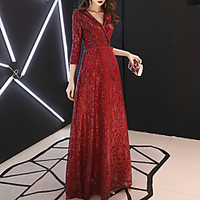 A-Line Sparkle Elegant Engagement Formal Evening Dress V Neck 3/4 Length Sleeve Floor Length Lace Sequined with Sequin 2021 miniinthebox