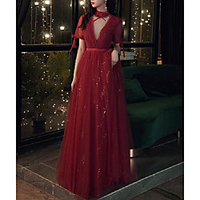 A-Line Sparkle Elegant Party Wear Prom Dress High Neck Short Sleeve Floor Length Tulle with Bow(s) Sequin Tier 2020