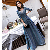 A-Line Sparkle Elegant Prom Formal Evening Dress Illusion Neck Half Sleeve Floor Length Sequined with Pleats Crystals 2020
