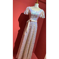A-Line Sparkle Elegant Prom Formal Evening Dress Jewel Neck Short Sleeve Floor Length Sequined with Pleats Sequin 2020