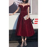 A-Line Sparkle Elegant Wedding Guest Prom Dress V Neck Short Sleeve Tea Length Sequined with Pleats Sequin 2020