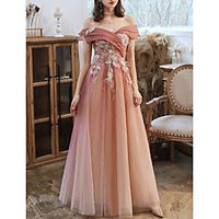 A-Line Sparkle Floral Party Wear Prom Dress Off Shoulder Short Sleeve Floor Length Tulle with Beading Sequin Appliques 2020 miniinthebox