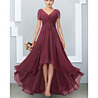 A-Line V Neck Asymmetrical Chiffon Bridesmaid Dress with Pleats