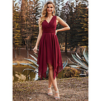 A-Line V Neck Asymmetrical Chiffon Bridesmaid Dress with Ruching miniinthebox