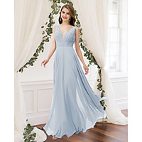A-Line V Neck Floor Length Chiffon / Lace Bridesmaid Dress with Pleats miniinthebox