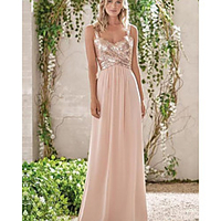 A-Line V Neck Floor Length Chiffon / Sequined Bridesmaid Dress with Pleats