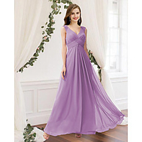 A-Line V Neck Floor Length Chiffon Bridesmaid Dress with Pleats / Ruching miniinthebox
