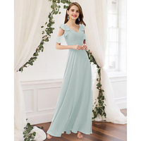 A-Line V Neck Floor Length Chiffon Bridesmaid Dress with Pleats / Ruffles miniinthebox