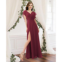 A-Line V Neck Floor Length Chiffon Bridesmaid Dress with Pleats / Split Front miniinthebox