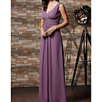 A-Line V Neck Floor Length Chiffon Bridesmaid Dress with Pleats