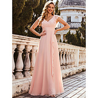 A-Line V Neck Floor Length Chiffon Bridesmaid Dress with Ruffles miniinthebox