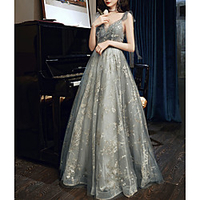 A-Line V Neck Floor Length Tulle Bridesmaid Dress with Sequin / Bandage