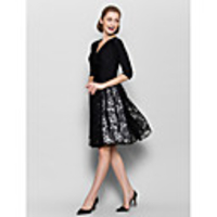 A-Line V Neck Knee Length Lace / Jersey Mother of the Bride Dress with Criss Cross / Ruched by LAN TING BRIDE