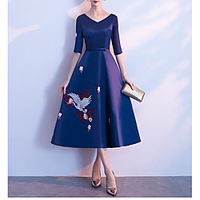 A-Line V Neck Tea Length Satin Bridesmaid Dress with Bow(s) / Embroidery