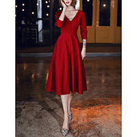 A-Line Vintage bodycon Wedding Guest Engagement Dress V Neck 3/4 Length Sleeve Tea Length Satin with Buttons 2020