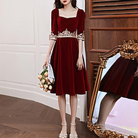 A-Line Vintage Floral Party Wear Cocktail Party Dress Sweetheart Neckline Half Sleeve Knee Length Velvet with Embroidery Appliques 2021 miniinthebox