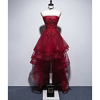 A-Line Vintage Floral Wedding Guest Prom Dress Strapless Sleeveless Asymmetrical Tulle with Tier Appliques 2020
