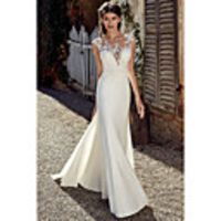 A-Line Wedding Dresses Bateau Neck Court Train Chiffon Lace Tulle Cap Sleeve Illusion Detail Backless with Lace Appliques 2020