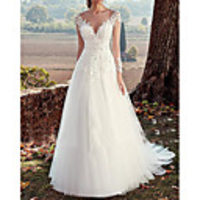 A-Line Wedding Dresses Bateau Neck Sweep / Brush Train Tulle Long Sleeve Formal Illusion Sleeve with Lace Insert 2020